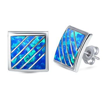 Stud Earring Square Shape Lab Created Blue Opal 925 Sterling Silver (13mm)
